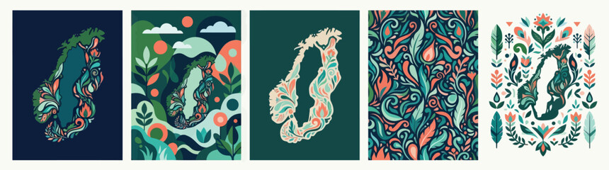 Abstract Nordic Folk Art Collage: Nature Patterns, Landscapes, and Country Shapes © Adnan