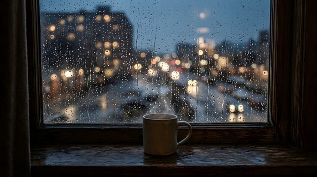 Hot steaming cup of coffee on rainy window sill overlooking blurred night city lights
