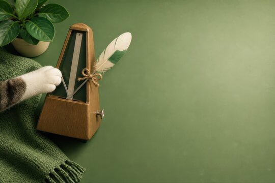 Wooden metronome with cat paw and feather on a cozy green background