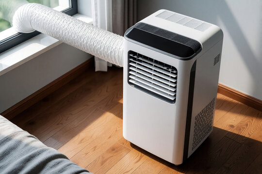 Portable air conditioner unit with exhaust hose near window on wooden floor. Device cools room during hot weather providing comfort. Modern appliance uses electricity for refreshing air.