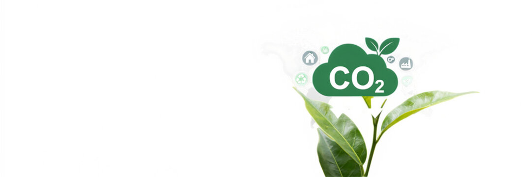 Environmental protection concept featuring a green co2 cloud map, and fresh leaves isolated on a black background, for ecology