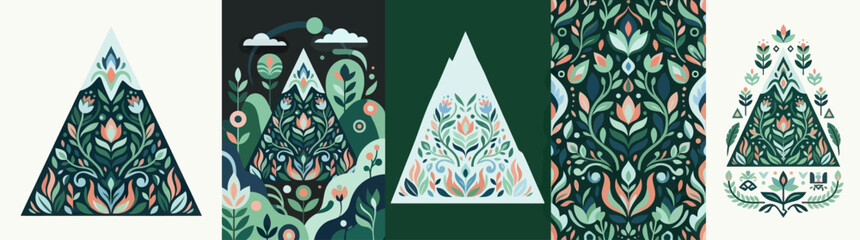 Folk Art Mountain Landscape with Floral Patterns in Triangle Shape, Nature Inspired Design © Adnan