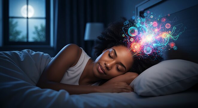 Serene Woman Dreaming Peacefully at Night with Expanding Neural Pathways for Enhanced Intellect