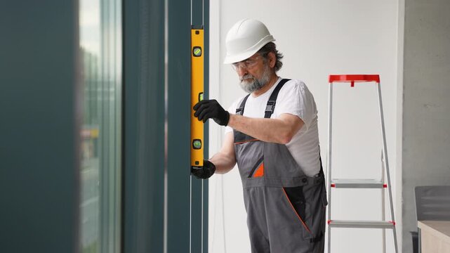 Construction worker leveling window frame with spirit level