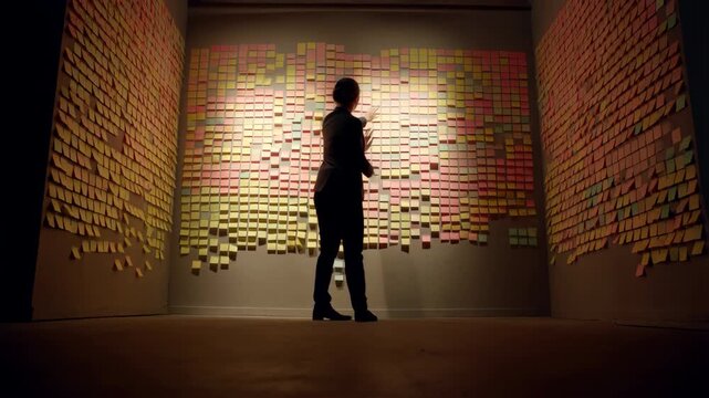 Silhouette inspecting wall of multicolored sticky notes in gallery corner under warm backlight, with dense paper notes forming colorful planning display across three panels