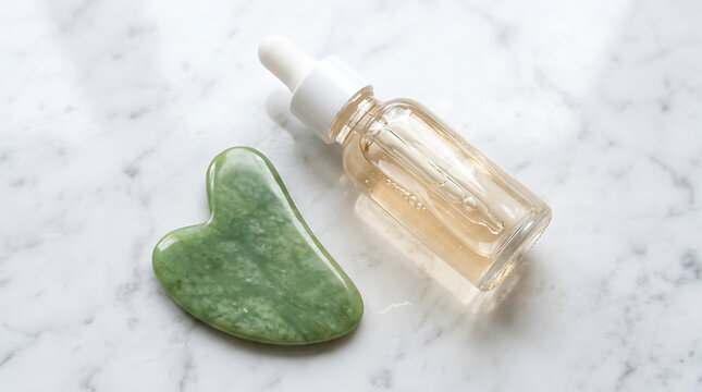 Jade Gua Sha Stone and Facial Serum Bottle on White Marble Surface