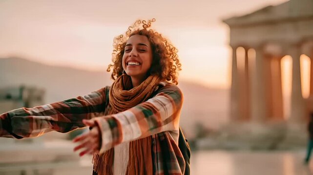 Paris, France, Europe. A vibrant, candid portrait of a woman with curly hair, captured in a moment of joy. She stands with her arms outstretched, eyes closed, and a wide smile.