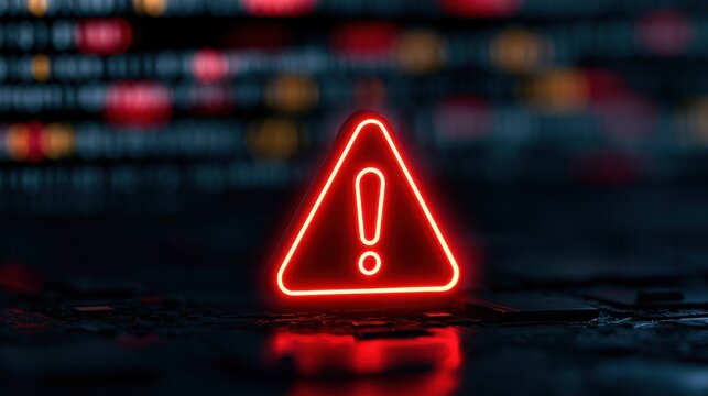 Glowing red warning sign with exclamation mark on dark digital background. Cybersecurity alert for danger.