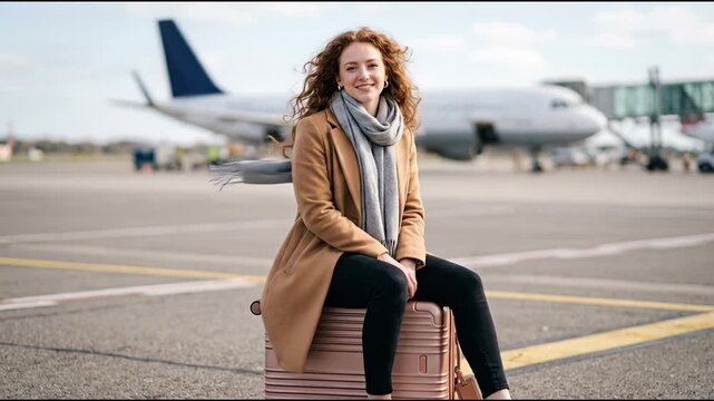 Young Woman Smiling Sitting on Suitcase on Airport Tarmac Ready for Travel Adventure