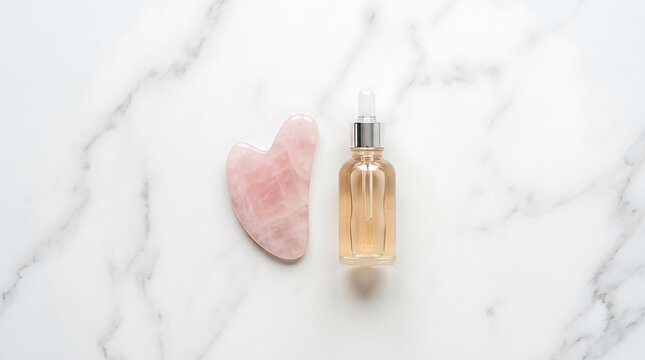 Rose quartz gua sha stone and facial serum bottle on white marble