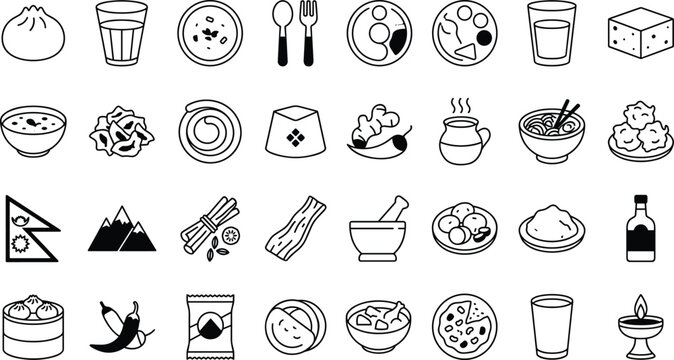 Traditional Nepalese Cuisine and Culture Icon Set with Momo Dal Bhat Himalayan Mountains and Nepal Flag Graphics for Asian Restaurant Branding Designs