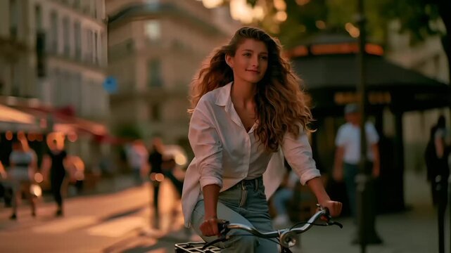 Paris, France, Europe. A vivid portrayal of a young woman riding a bicycle on a city street at sunset. The setting sun casts a warm, golden hue over the scene. The woman, with long, wavy hair.
