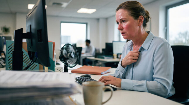 Woman Experiencing a Menopause Hot Flash at Her Office Desk with a Small Fan