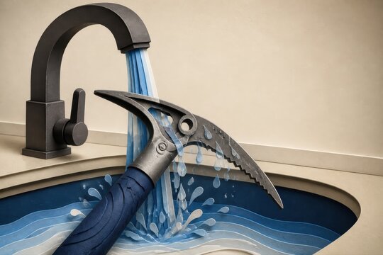 Faucet and pickaxe in sink for water conservation and resource extraction concept