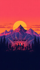 Naklejka premium People at a music festival in mountains. Silhouettes at sunset concert with vibrant sky.