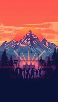 People dancing at a mountain music festival. Silhouettes at an outdoor concert at sunset.