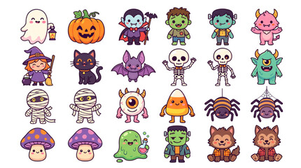 Obraz premium Kawaii Spooky Cartoon Creatures Vector Bundle