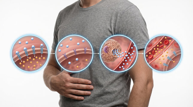 Leaky Gut Intestinal Permeability Gut Barrier Gut Health, Medical illustration showing damaged intestinal lining allowing toxins and molecules to enter bloodstream