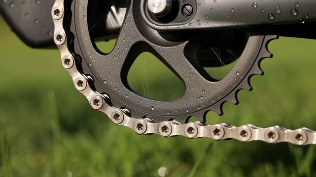 Close-up bicycle chainring and chain with visible tension, water droplets, worn metal texture, and grassy outdoor background in low-angle macro view, with bicycle, chainring, chain, roller detail