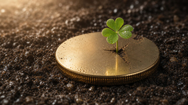 Surreal concept of a blank polished brass coin on damp earth with a tiny green clover sprout growing from a crack for sustainable finance