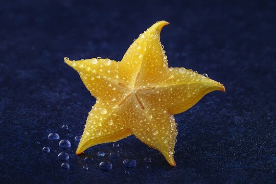 Macro of carambola slice (star shape), water droplets, bright yellow, dark navy background, backlighting creating glow, exotic fruit advertising