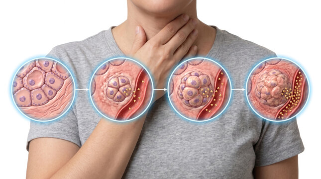 Thyroid Cancer Thyroid Nodules Thyroid Tumor Endocrinology, Medical illustration showing abnormal thyroid tissue progression and malignant cell development
