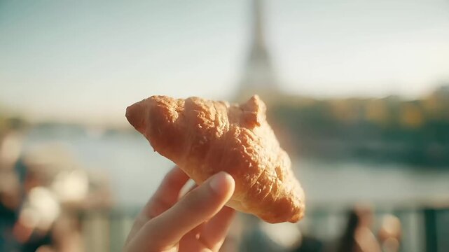 Paris, France, Europe. A closeup shot of a hand holding a croissant against a blurred background of the Eiffel Tower in Paris, France. The hand is positioned in the foreground.