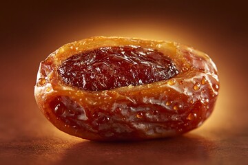 Obraz premium Macro of fresh date cut open showing interior, water droplets, dark brown background with amber glow, soft warm light, sweet fruit photography