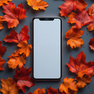 Colorful autumn leaves spinning around sleek smartphone screen featuring prominent shutterstock logo against minimalist white backdrop