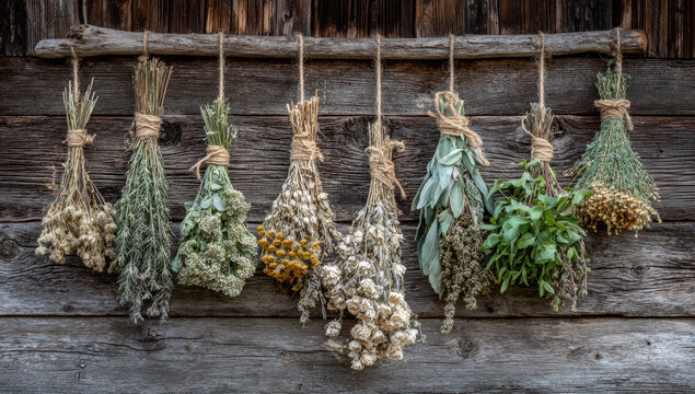 Bundles of various organic herbs and spices drying, hanging on a rustic wooden wall for natural preservation and culinary use