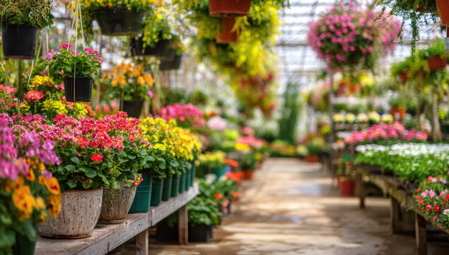 Hanging petunia flowers blooming inside a vibrant greenhouse with colorful plants for sale