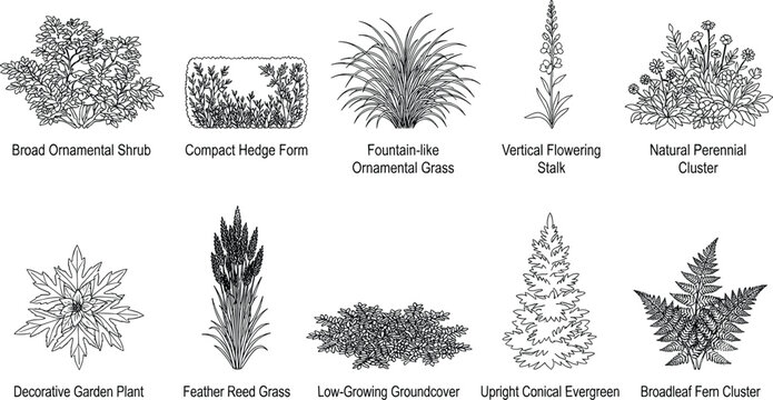 Hand Drawn Ornamental Garden Plants and Landscape Shrub Symbols for CAD Landscape Design
