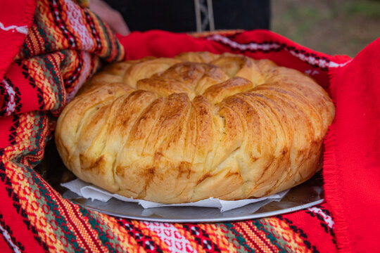 Traditional loaf of bread at a Kukeri festival in Bulgaria.