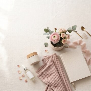 A flat lay composition of personal care items and a floral arrangement suggests a moment of self-care and relaxation, with soft light filtering through.