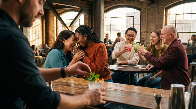 Friends Laughing and Toasting Mocktails at an Industrial-Style Bar