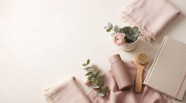 Soft pink textiles and a small bouquet of eucalyptus and roses rest beside a bottle of lotion and a wooden brush, accompanied by a notebook on a clean, textured surface.