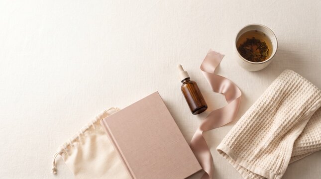 A flat lay of self-care essentials including a journal, essential oil dropper, tea, and soft fabric, arranged artfully on a neutral background, inviting moments of tranquility.