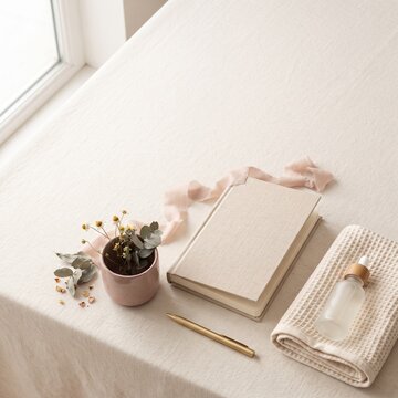 A serene flat lay composition featuring a notebook, pen, a small succulent plant, a dropper bottle with serum, and a ribbon, arranged elegantly on a neutral textured surface.