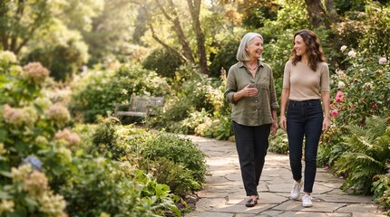 Obraz premium Two women, a mother and daughter, stroll through a vibrant botanical garden, enjoying each other's company amidst blooming flowers and lush greenery, symbolizing family bonds and shared moments.