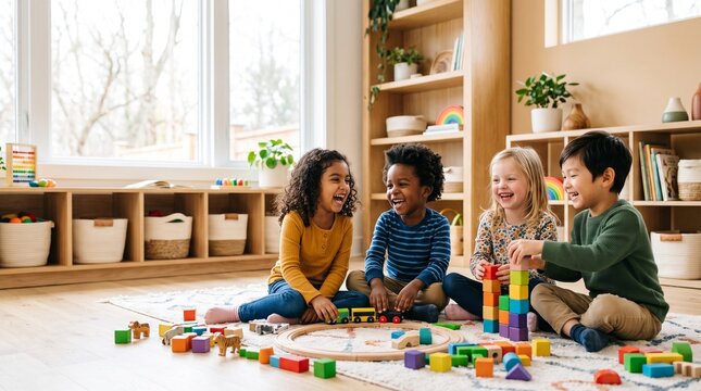 Diverse group of happy children playing with colorful wooden toys in a bright classroom setting