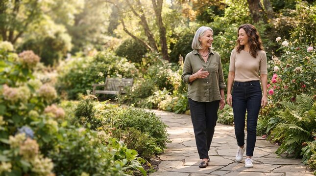 Two women, a mother and daughter, stroll through a vibrant botanical garden, enjoying each other's company amidst blooming flowers and lush greenery, symbolizing family bonds and shared moments.