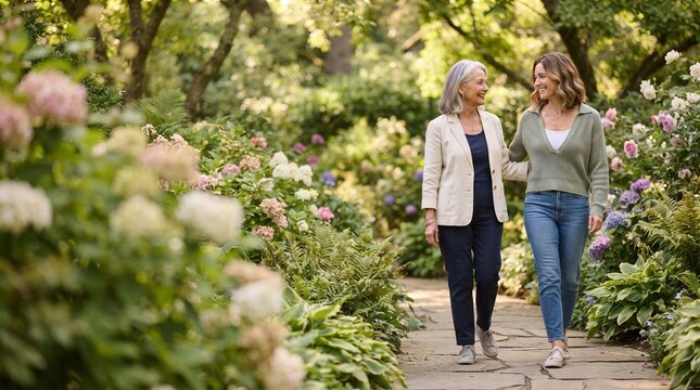 A mother and her adult daughter walk hand-in-hand on a garden path, sharing a tender moment amidst blooming hydrangeas and lush greenery, evoking warmth and familial connection.
