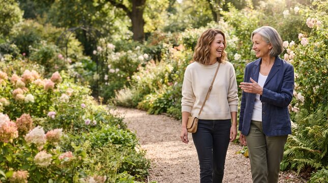 Two women, one younger and one older, walk and talk on a gravel path through a vibrant botanical garden, surrounded by blooming flowers and lush greenery, enjoying a serene moment outdoors.