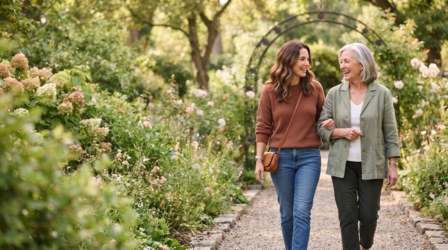 A smiling woman and her mother walk arm-in-arm through a beautifully manicured garden, sharing a moment of connection amidst blooming flowers and lush greenery.