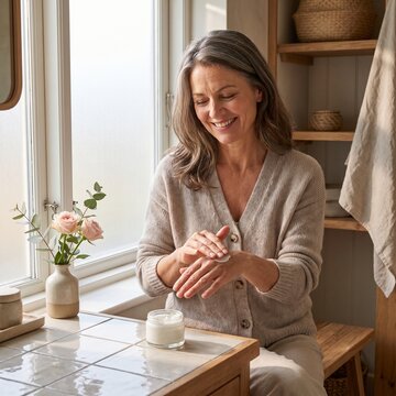 A serene woman with graying hair applies cream to her hands, her face illuminated by soft daylight streaming through a window. The scene evokes a sense of calm and self-care.