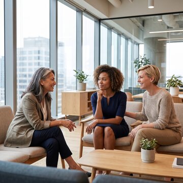 Three diverse women engage in a relaxed and friendly conversation in a modern office lounge area, sharing smiles and comfortable seating near large windows overlooking a cityscape.