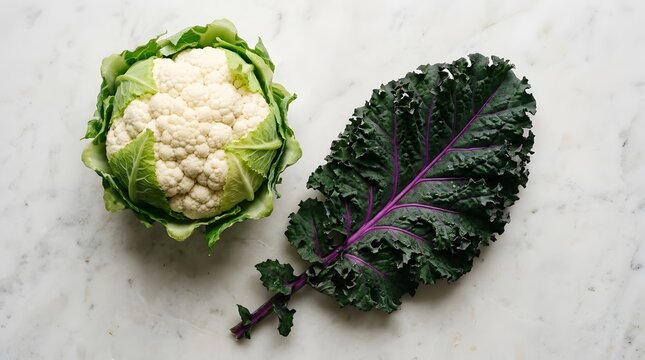 Fresh organic cauliflower and purple kale leaf on white marble, healthy raw vegetables for vegan cooking, top view of seasonal garden produce