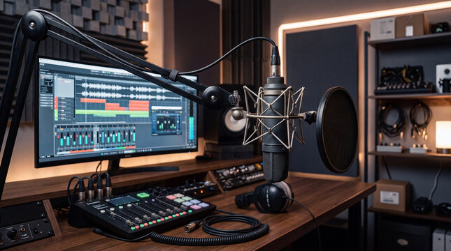 A professional studio microphone in focus inside a dimly lit recording studio with monitors and a digital audio workstation screen in the background, representing music production, sound recording, an