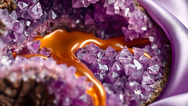 Macro Texture of Amethyst Crystal Geode with Liquid Gold and Soft Lavender Silk Satin Fabric
