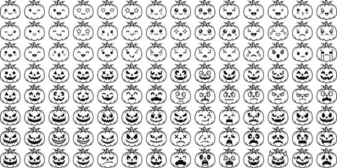 Fototapeta premium Cute Halloween Jack O Lantern Pumpkin Faces Seamless Pattern Bundle with Hand Drawn Kawaii Smiling Pumpkin Icons for Autumn Festival Textile Wrapping Paper and Vector Background Design